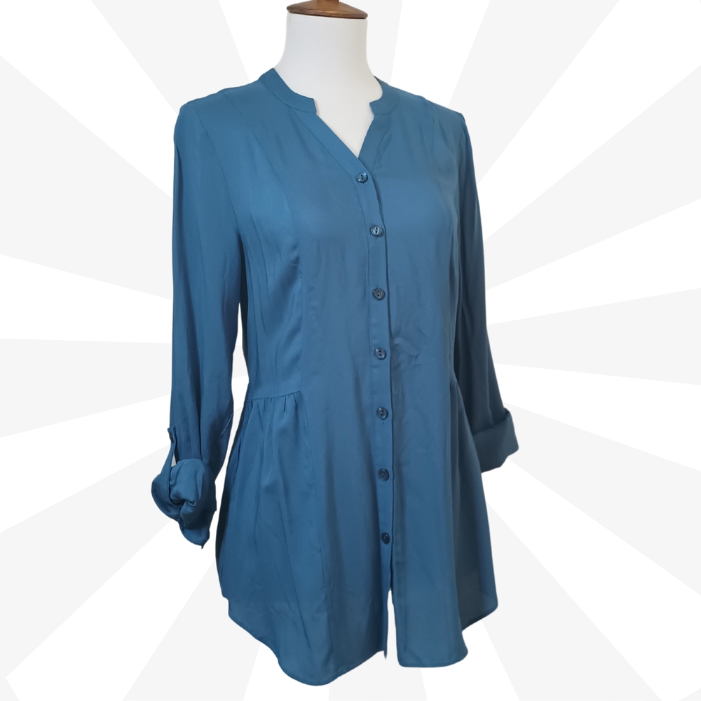 Modcloth Blue Long Roll Tab Sleeve Henley Neck Button Up Pleated Tunic Size XS